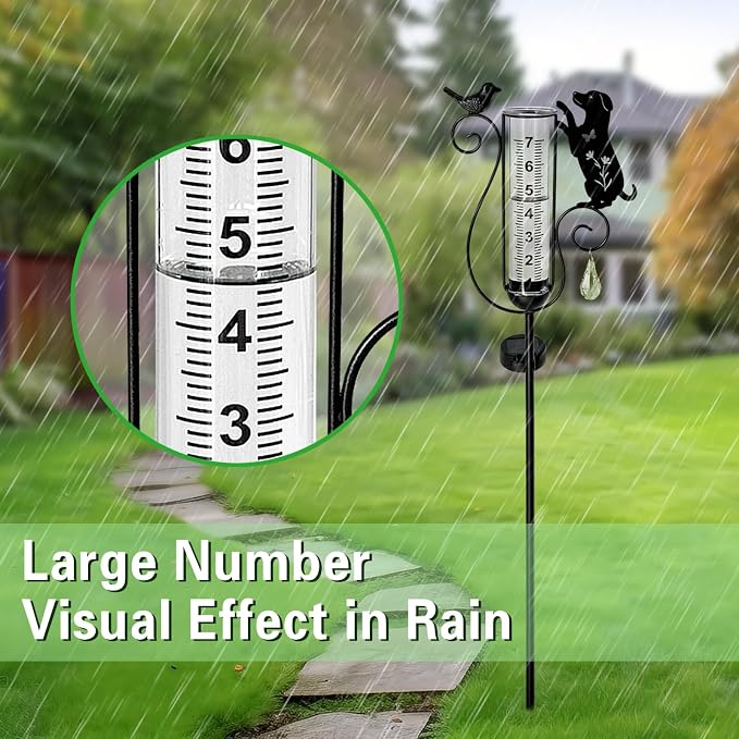 Rain Gauge Outdoor with Large Number Scale,Solar Powered Decorative Dog and Bird Garden Stake for Outside,Yard, Lawn, Pathway