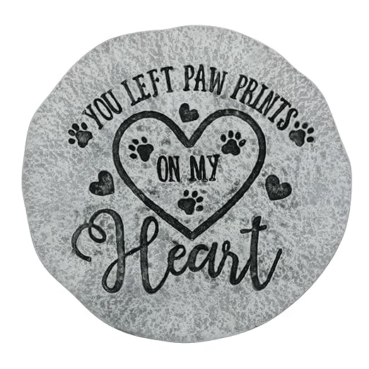 Landoraloria Pet Memorial Stone, 10” Cement Heart Stepping Stone, Outdoor Garden Remembrance Stone for Loss of Dog or Cat – “You Left Paw Prints on My Heart”