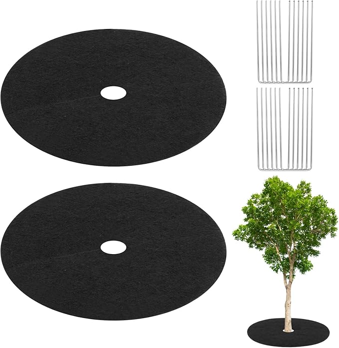 M METERXITY 2-Pack Non-Woven Tree Mulch Ring, 24.4 Inch Reusable Tree Protector Mat W 12 Garden Stakes for Landscape Control Plant Root Protection Tree Ring Weed Fabric Cover [Black]
