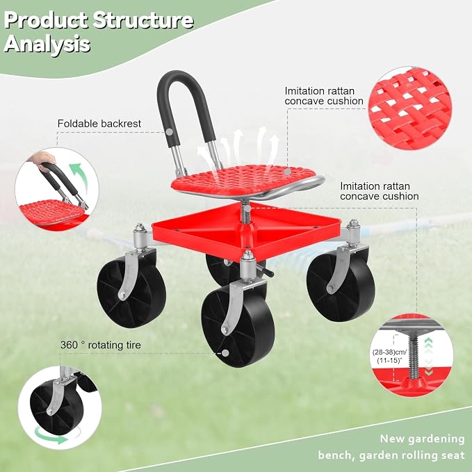 Rolling Garden Seat, 360° Swivel Workseat & Tool Tray, Rolling Garden Cart with Seat, Height Adjustable Gardening Stool Gardening Chair for Seniors Red
