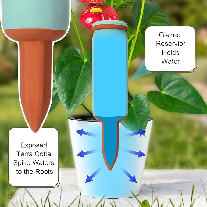 2 Pcs Large Terracotta Watering Spikes Set with Lids 17.5 oz Plant Watering Devices with Mini Shovel Self Water Spikes Plant Globes Insert Gardening Tools for Indoor Outdoor