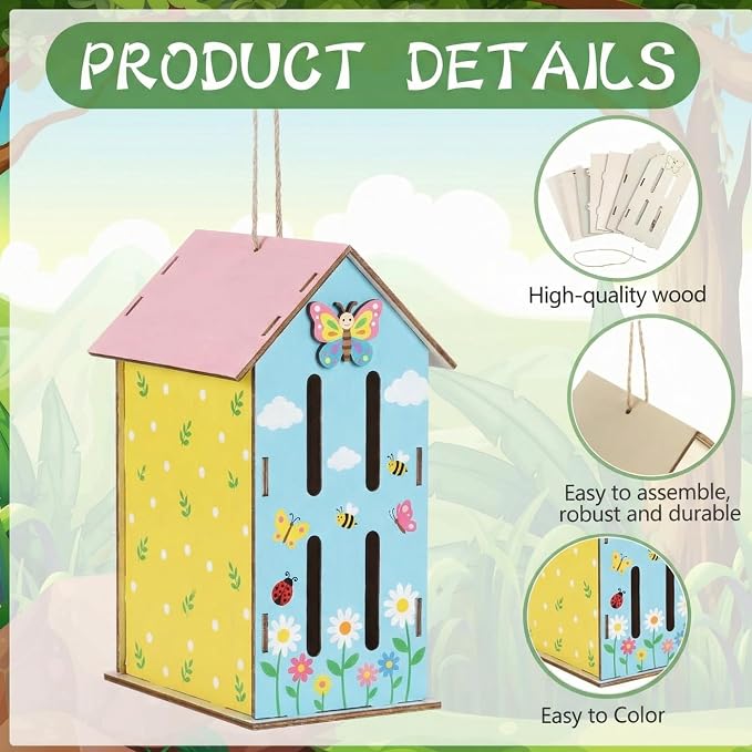 DoubleFill 24 Pack Wood Butterfly House Painting Crafts Kits My First Butterfly House DIY Art Craft Kit with Hemp Rope DIY Cedar Wooden Birdhouse for Building Bee Ladybug Habitat, No Paint