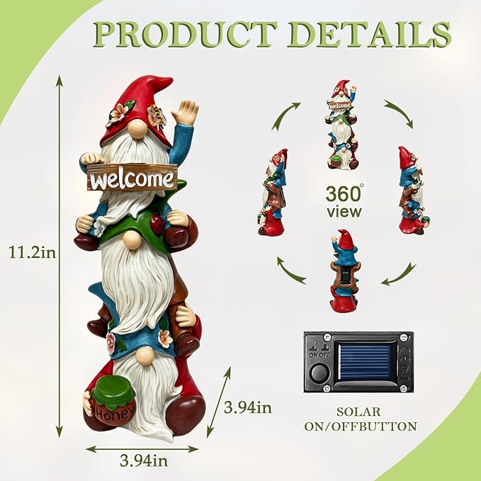 Garden Gnome Statue Solar Lights, Funny Faceless Triple Gnomes Sculptures Spring Decorations Outdoor Porch Patio Lawn Yard Art Balcony Home Decor Figurine, Birthday Gifts for Woman Mom Grandma