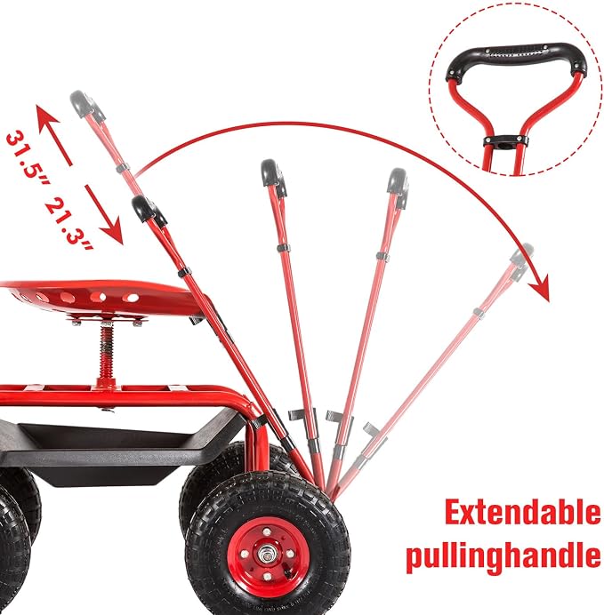 KINTNESS Garden Cart Seat Rolling Scooter Wagon with Extendable Steering Handle Swivel Seat & Utility Basket Red