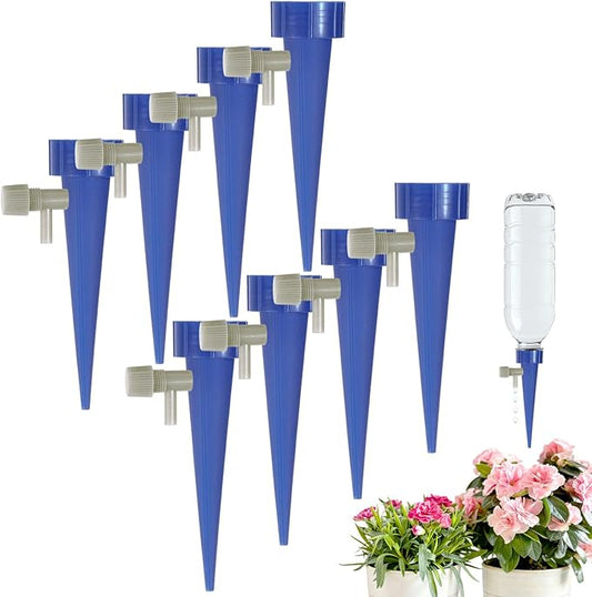 M METERXITY 8-Pack Self Watering Spikes for Plants, 4.3 Inch Plastic Plant Watering Devices with 8 Regulator for Indoor/Outdoor Pots, Garden Water Planter System [Dark Blue]