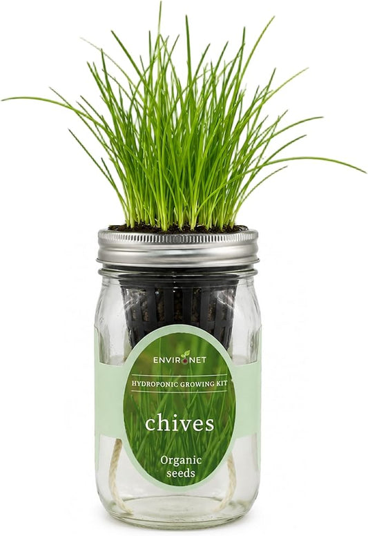 Hydroponic Herb Growing Kit, Self-Watering Mason Jar Herb Garden Starter Kit Indoor, Grow Your Own Herbs from Organic Seeds (Chives)