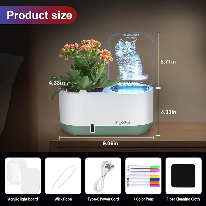 Self-Watering Planter with LED Note Board & 7 Colors Pen Acrylic Message Board with Light Acrylic Dry Erase Board, Led Cat Board Night Light with Planting Pot for Children's Day Gifts(No Plant&Seed)