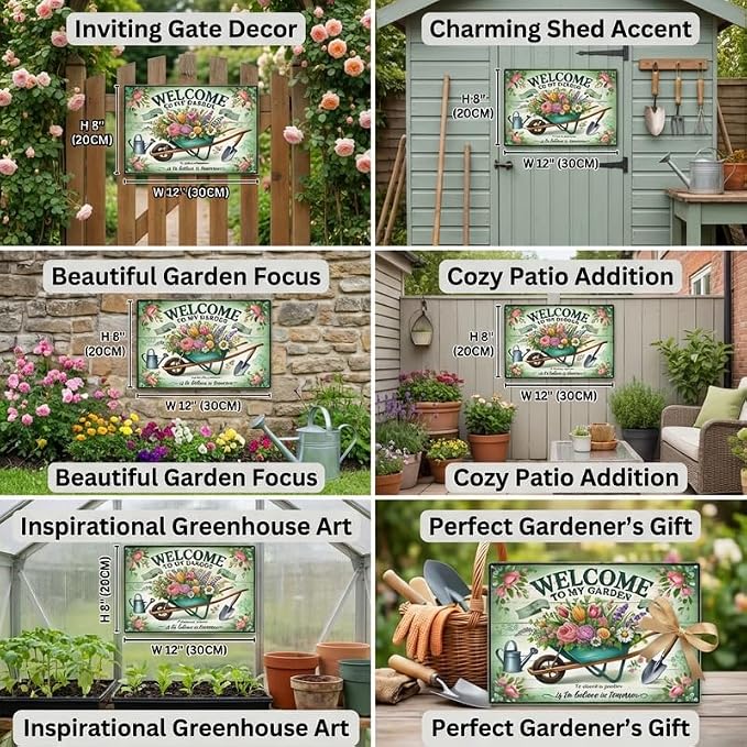 Gardening Gifts for Women, Welcome to My Garden Sign, Vintage Decorative Metal Decor for Outside, Tin Signs for Yard Wall, Outdoor Gardening Gift, 8x12 Inch