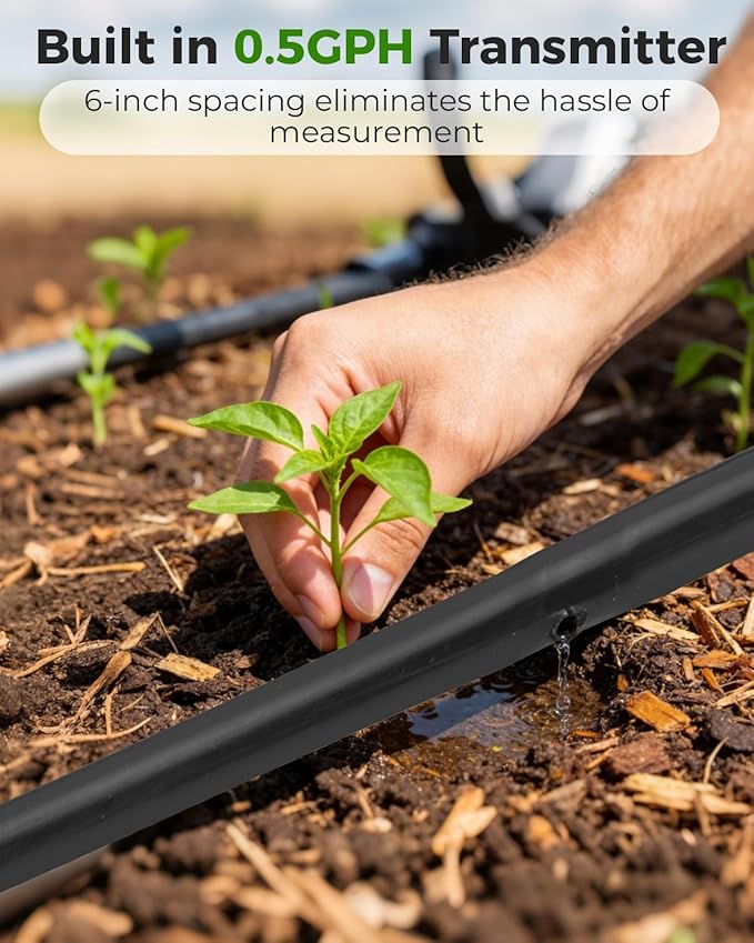 1/4" Drip Irrigation Tubing with 6" Emitter Spacing, (500 Ft Roll) Hydroponics Dripline with Built-in 0.5 GPH Dripper, Drip Line for Irrigation, Garden Beds and Greenhouses (Black)