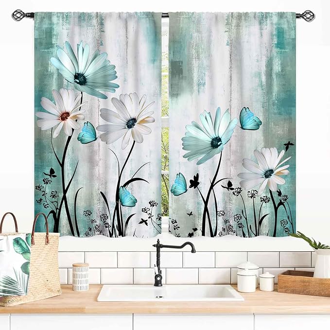 Teal White Daisy Curtains, Farmhouse Modern Flower Retro Floral Spring Butterfly Rural Country Style Turquoise Small Short Window Curtains for Living Room Bedroom Kitchen Bathroom 2 Panels, 55x39 Inch