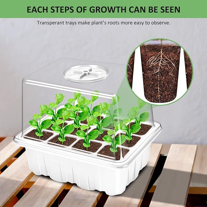 YAUNGEL Seed Starting Trays, 10 Pack 120 Cells Thicken Seed Starter Tray Kit with Humidity Dome/Heightened Lids Durable Growing Trays for Greenhouse & Gardens, White