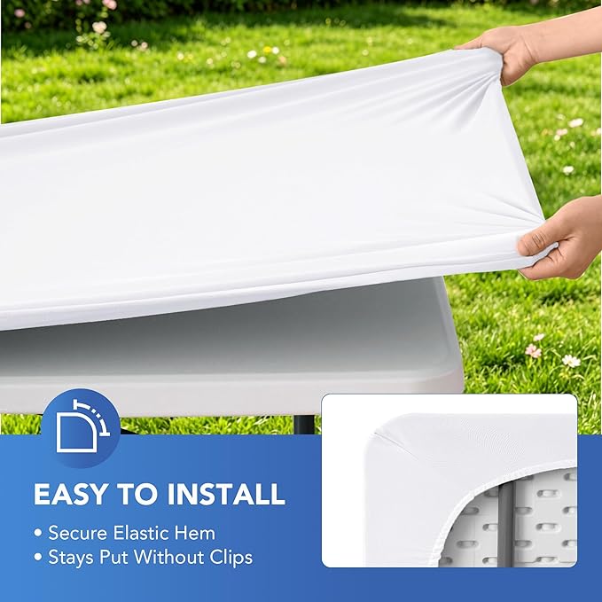 Fitted Tablecloth for 6 Foot Rectangle Tables-2 Pack White Elastic Outdoor Picnic Table Cover-Spandex Stretch Folding Table Cloths 6 ft for Camping Dining Room Patio Kitchen Banquet Party
