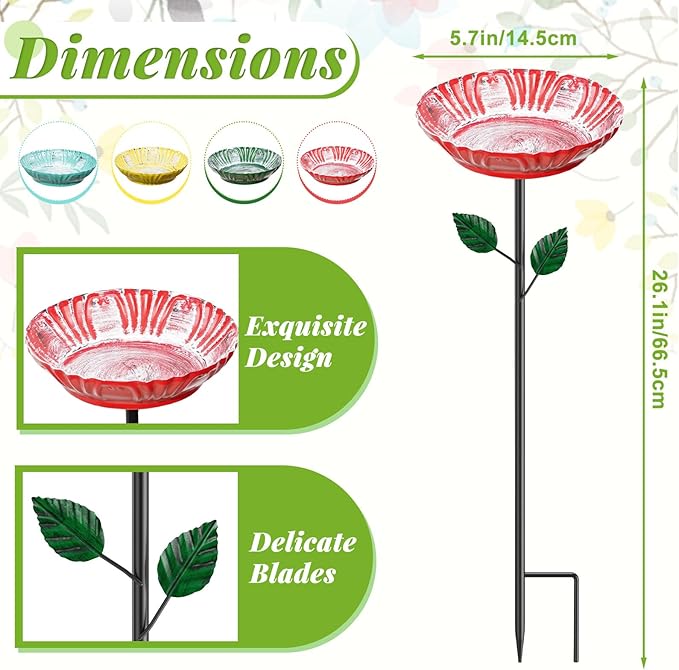 4PCS Flower Bird Baths for Outdoors —5.7" Metal Hummingbird Bath with Adjustable Stake, Colorful Garden Birdbath Decor Set for Outside Yard Lawn Patio(4PCS Herbacin)