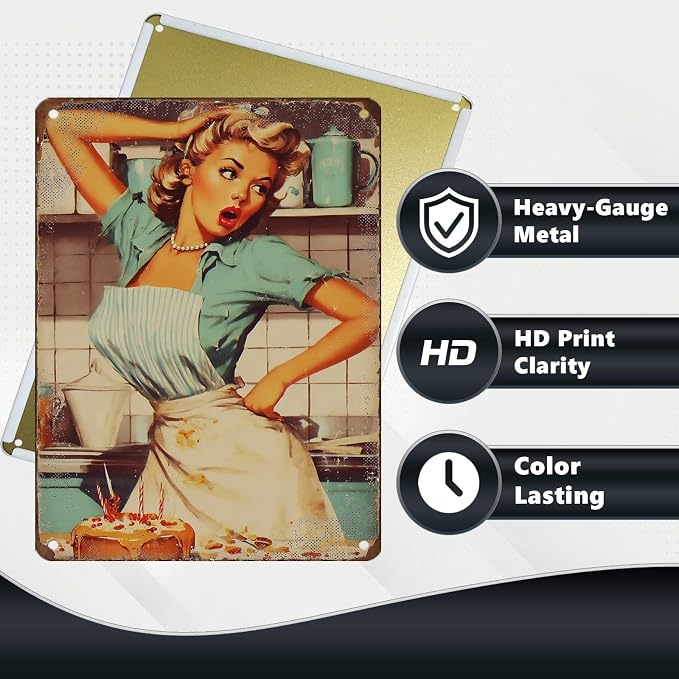 50s Funny Kitchen Wall Art Retro Housewife Cake Baking Disaster Sign Vintage Baker Poster Decor 12X16Inch