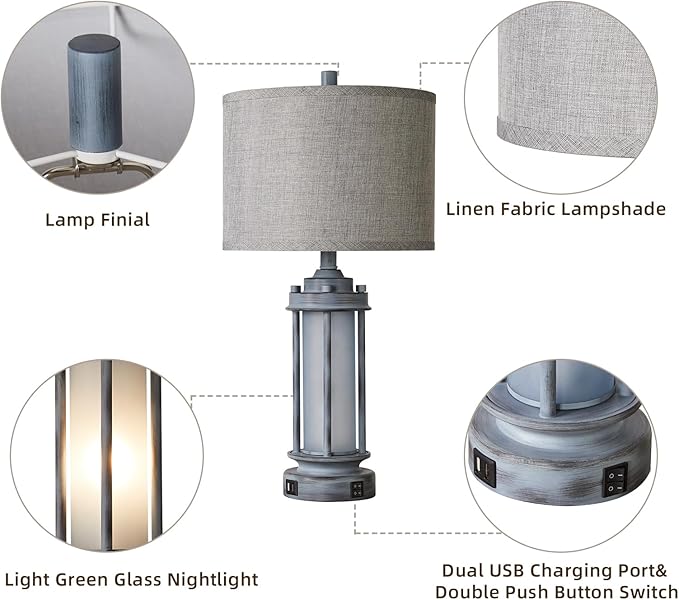 AIEAMPDO Set of 2 Rustic Table Lamps for Living Room with 2 USB C+A Ports | Farmhouse Vintage Nightstand Lamp, Antique Retro Light Green Glass Night Light for Bedroom Entryway, 4 Bulbs Included