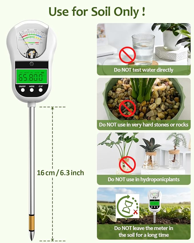 7-in-1 Soil Moisture Meter/pH Meter/Light Intensity/Fertility/Air & Soil Hygrometer Temperature with Large Dual Display for Garden,Lawn, Farm, Indoor Outdoor Plants-Snow White