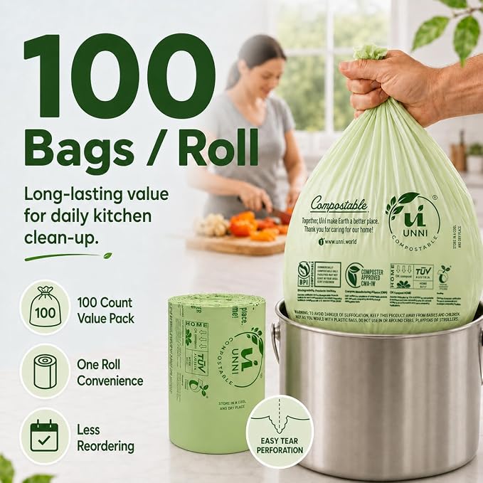 UNNI Compostable Trash Bags, 4 Gallon / 15 Liter, 100 Count, Extra Thick 0.75 mil Small Kitchen Food Scrap Bin Liners, Certified by BPI, CMA & OK compost HOME, Meets the ASTM D6400 Standard