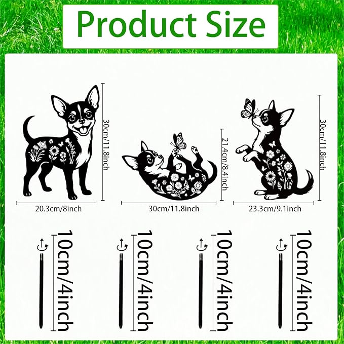 Rngmsi Dog Chihuahua Metal Decorative Garden Stakes Decor, 3PCS Chihuahua Statue Metal Yard Stakes for Garden Decor Yard Art Patio Outside Lawn Ornaments Outdoor, Dog Gifts for Women Men Mom
