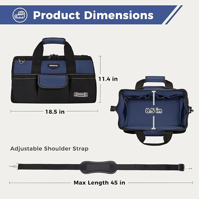 18-Inch Heavy Duty Tool Bag, 22 Pockets Empty Tool Box Organizer Storage, Soft Tote Toolbox Organization Portable Handle Carrying Work Toolbag, Father Day Gifts Men Electrician Mechanic, Blue