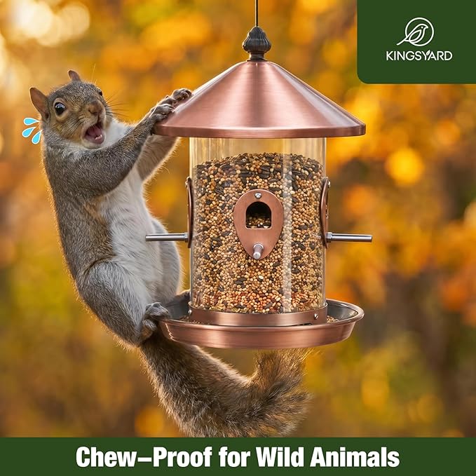 Kingsyard 4.5-Cups Large Metal Bird Feeders for Outdoors Hanging with 8 Ports, Tube Bird Feeder with Seed Tray, Weatherproof Chew Proof Roof for Cardinal Finch, Copper