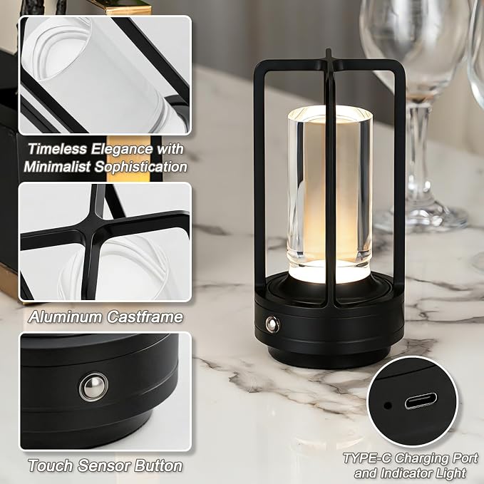 Rechargeable Table Lamp Cordless, 3 Color | Crystal | Stepless Dimming, for Dining Room, Living Room, Bar, Cafe, Restaurant, Patio, Camping, (Black)