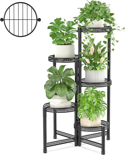 iDavosic.ly Plant Stand Indoor Outdoor, 5 Tier Corner Metal Flower Display Holder Shelf, Folding Tall Orchid Rack for Patio Balcony Porch Garden Living Room House, Wrought Iron - Modern Black