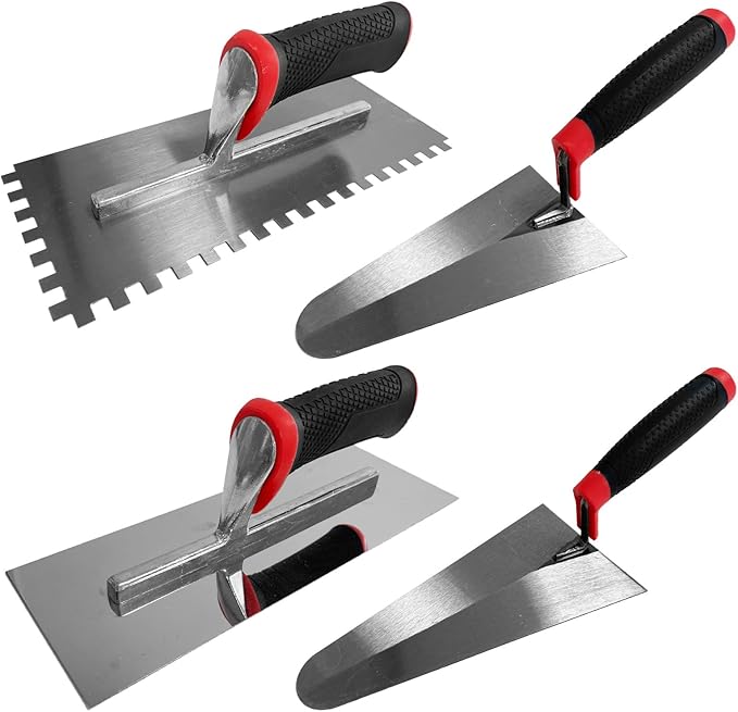 Concrete Masonry Trowel 4pcs/Set, High-Carbon Steel Plastering Bricklaying Tools for Drywall Concrete Includes Flat Trowels and Notched Trowels, Brick Trowels (Black-B Set)