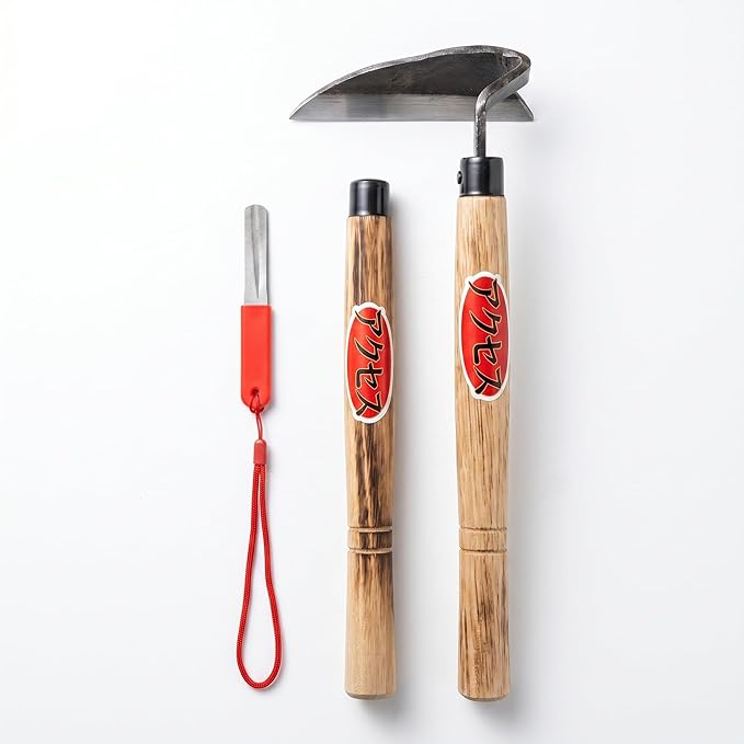 Japanese Garden Hand Hoe Sickle, Hand Weed Puller with Replacement Wooden Handle, Gardening Sickle for DIY Yard Work (Right-Handed)