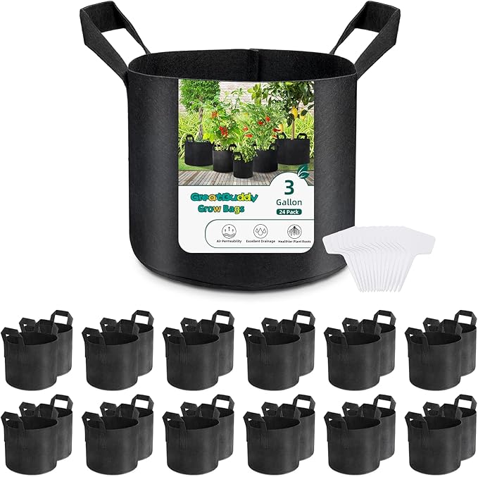 GreatBuddy Grow Bags 3 Gallon 24-Pack, Heavy Duty Fabric Grow Bags with Handles for Vegetables, Herbs, and Tomatoes, Fabric Pots & Planting Bags for Outdoor Home Gardening