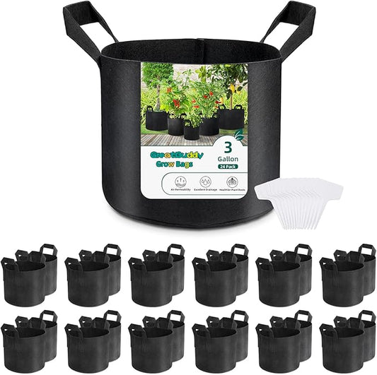 GreatBuddy Grow Bags 3 Gallon 24-Pack, Heavy Duty Fabric Grow Bags with Handles for Vegetables, Herbs, and Tomatoes, Fabric Pots & Planting Bags for Outdoor Home Gardening