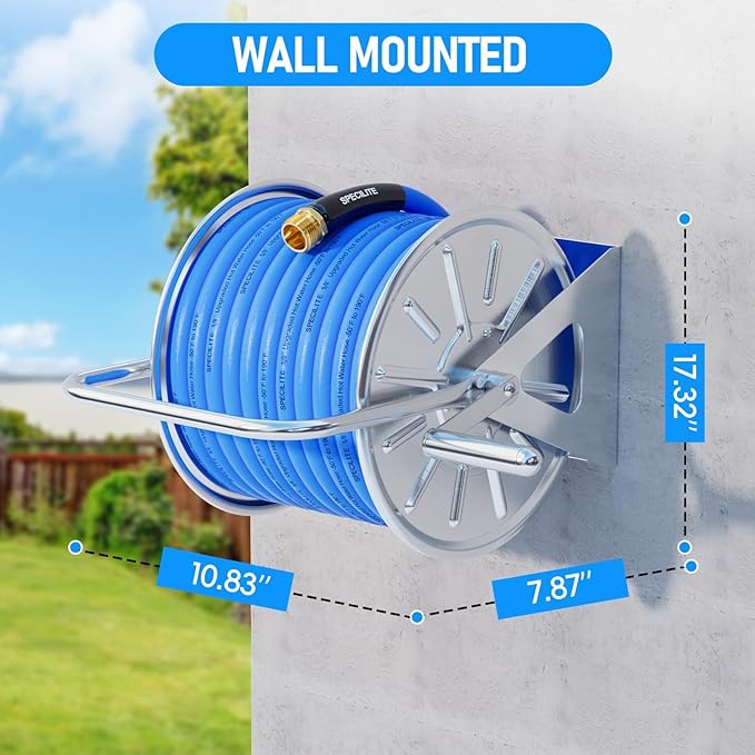 SPECILITE Stainless Steel Garden Hose Reel with 5/8'' x Hot/Cold 75 FT Water Hose and 6FT Leader Pipe, -50℉ -190℉, Wall/Floor Metal Mounted Spool Storage, UV Resistantfor Outside, Yard, Patio