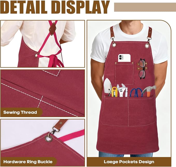 Aprons For Women Men With Large Pockets, Waterproof Cotton Chef Aprons For Cooking Server Grilling Bbq Kitchen
