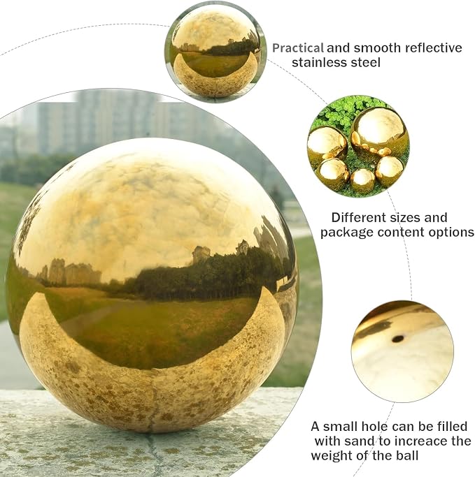 Nerien 6 Inch Gazing Ball, Stainless Steel Garden Mirror Globe, Polished Ornament Sphere, Hollow Floating Reflective Hemisphere, Home Outdoor Pond Housewarming Swimming Pool Decoration Gifts, Gold