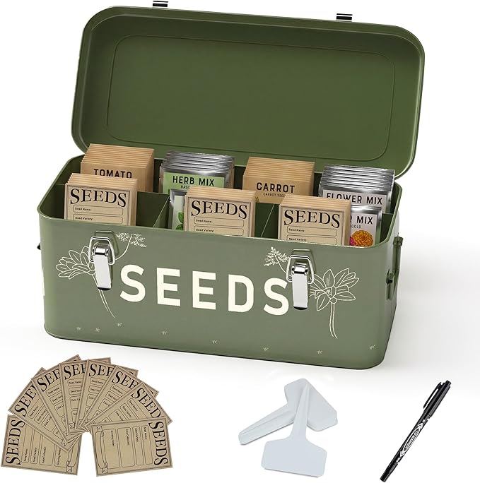 Orionstar Metal Seed Storage Organizer, 4 Compartments Saving Box with 30 Envelopes & Labels, Garden Organization Bin for Heirloom Protection, Vintage Dark Green