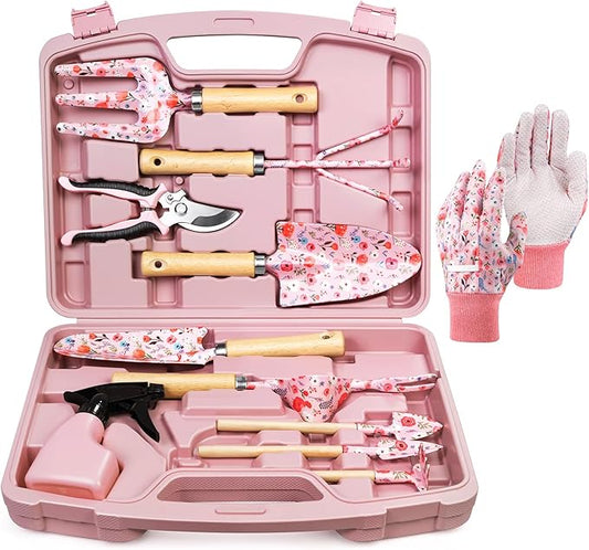 Grenebo 12-Piece Gardening Tools Set, Floral Print Garden Tool Set Gift, Rust-Proof & Heavy-Duty Trowel, Rake, Weeder, Pruner with Hard Case, Gardening Gifts for Women, Mom & Plant Lovers (Pink)