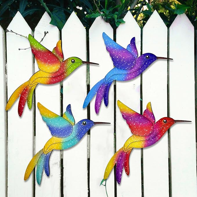 Metal Hummingbird Wall Decor - 4 Pcs Outdoor Fence Birds Art Decoration Hanging Decorations for Garden Yard Patio Balcony Exterior