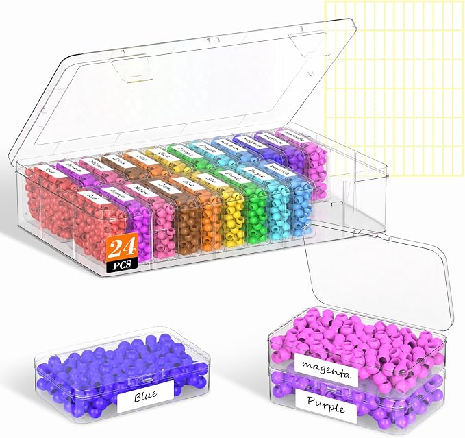 Bead Organizer Box, 24 PCS Clear Plastic Storage Containers Features Hinged Lid and Labels, Craft Storage Box for Jewelry, Diamonds, Clay Beads, Bracelets, Screws, Seeds, Small Parts