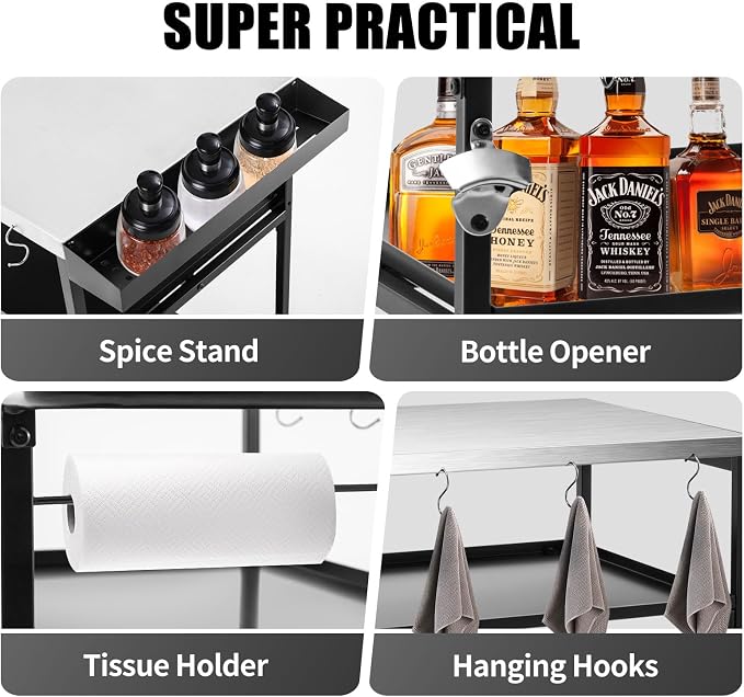 Outdoor Pizza Oven Table, Outdoor Grill Table with Waterproof Cover, Movable Dining Cart Tables with Wheels, Kitchen Cooking Prep Tables BBQ Cart for Home Party, Bar,Camping