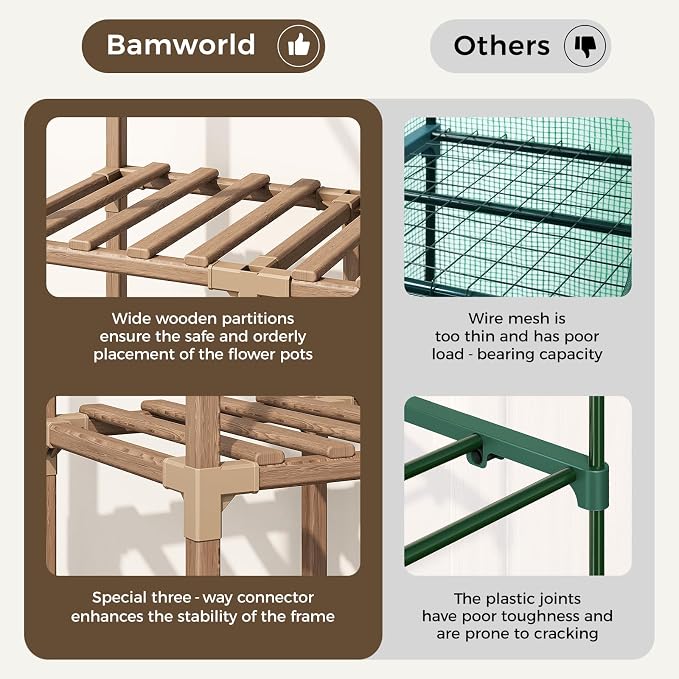 Bamworld Greenhouse Indoor Outdoor Tall Green House for Multiple Plants 10 Tiers 11 Pot Large Plants Holder Rack Wood Warm Houses for Room Corner Balcony Garden Patio