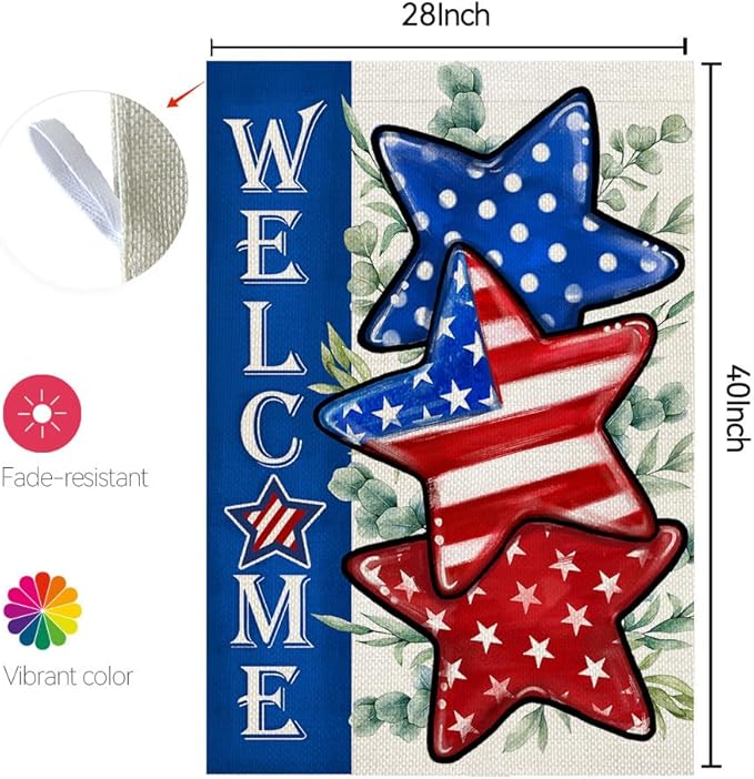 CROWNED BEAUTY 4th of July Patriotic Stars House Flag 28x40 Inch Double Sided Large Burlap for Outside Independence Day Welcome Yard Flag CF1526-40