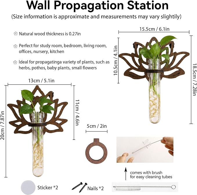 Artilady Plant Propagation Station 2 Pack Wall Hanging Plant Terrarium Holder with Test Tube Wood Window Planter Indoor Decor for Living Room Bedroom Kitchen (Lotus)