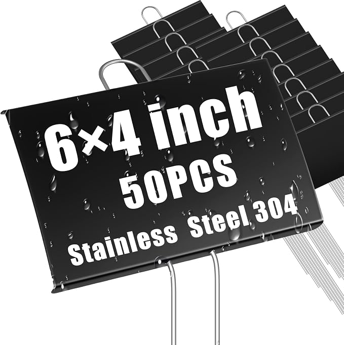 Landhoow 50 Pcs Large Garden Plant Markers Metal Plant Labels Sign 6'' x 4'' with 11'' Stake Weatherproof Waterproof Garden Sign for Outdoor Seedlings Herbs Vegetable Greenhouse, Black