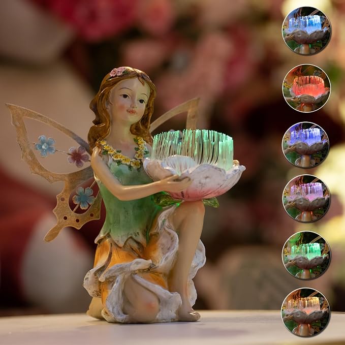 Suyorpe Solar Fairy Garden Statue Lights Outdoor Decor - Fairies Resin Waterproof Change Light Figurine for Patio Backyard Yard Lawn Decoration,Gift for Mom Grandma Wife