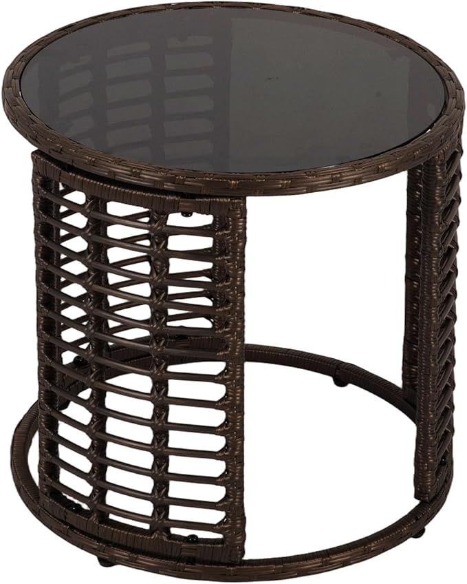 Patio Rattan Side Table - Outdoor Wicker Fashionable Side Table, Round End Table with Glass Table Top for Garden, Backyard, Porch, Deck, Black Gold