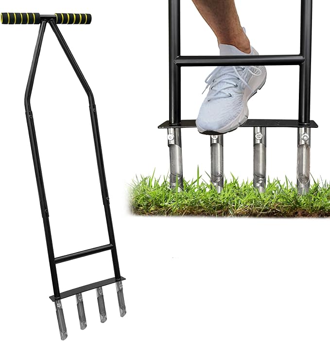 Aerator Lawn Tool,Core Aerator Lawn Tool with 4 Tines for Gardening,Easy Assembled Manual Grass Aerator with Steel Material for Yard Care Health Soil,Suitable for Soft Soil（Water Before Use）