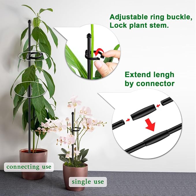 Plant Stakes 17 inch SupKing Support Stick Orchid Stakes with Clips 10Pcs Garden Plant Poles Extended to 3/4/5ft for Indoor Outdoor Potted Tomato Rose Amaryllis Vegetables Monstera -Black