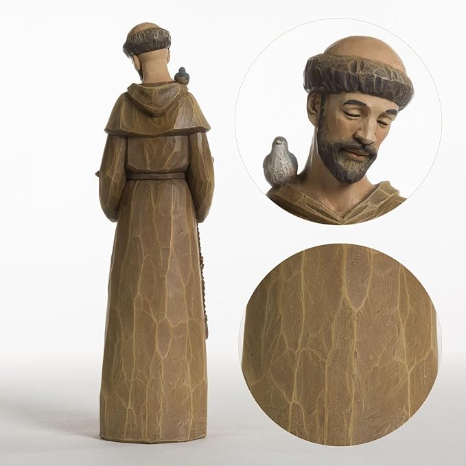 St Francis Statue 12 Inch - Preaching to Birds, Premium Resin with Wood Carving Texture, Patron Saint of Animals & Nature, Garden Outdoor Sculpture, Home Decor, Catholic Gift
