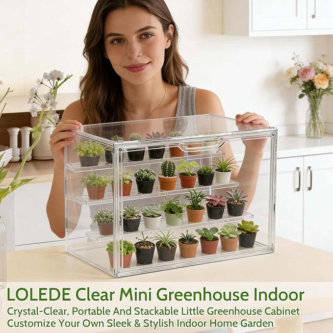 Clear Mini Greenhouse Indoor, Small Stackable Tabletop Portable Green House with Magnetic Door for Plant Seed Germination, Home Gardening Display,etc. (14.2x8.7x10.6in, 1 Pack)