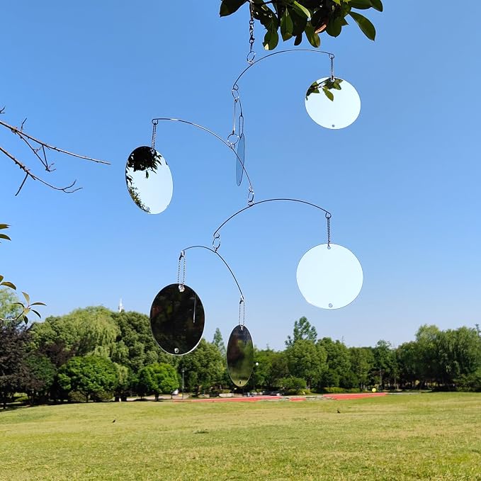DIY Hanging Mirror Outdoor Mobile, Reflective Garden Decor, Wind-Chime Style Bird Deflector (FL-YKL-6CIRCLE)