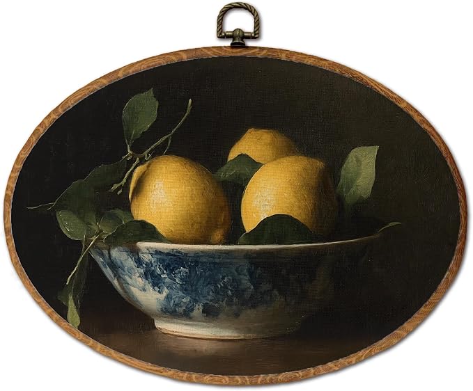 DOFQZ Dark Academia Lemon Oval Wall Art Decor, Vintage Moody Lemon Framed Wall Art, Rustic Farmhouse Fruit Walls Hanging Decor for Kitchen Dining Room Bedroom Home, 11.5x8.5 Inch